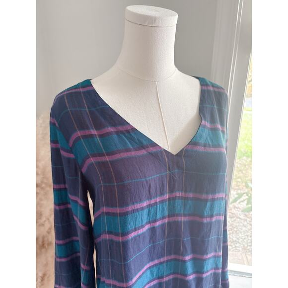 LOFT Blue Plaid Swing Top Size XS Flare Sleeve Cabincore - Picture 4 of 9